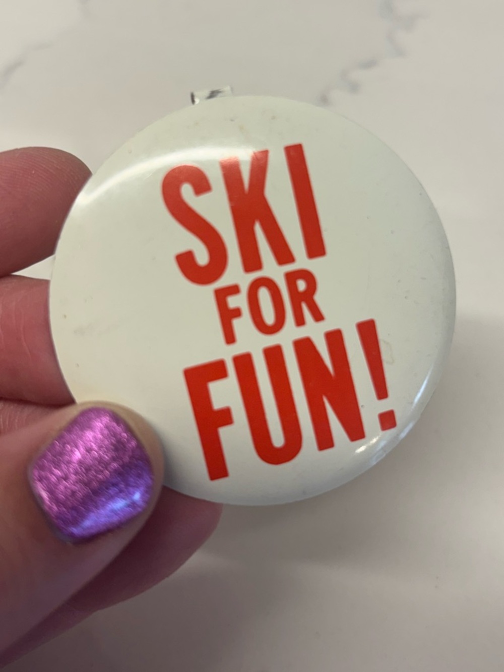 Vintage "SKI FOR FUN!" Button Pin - White with Red Text